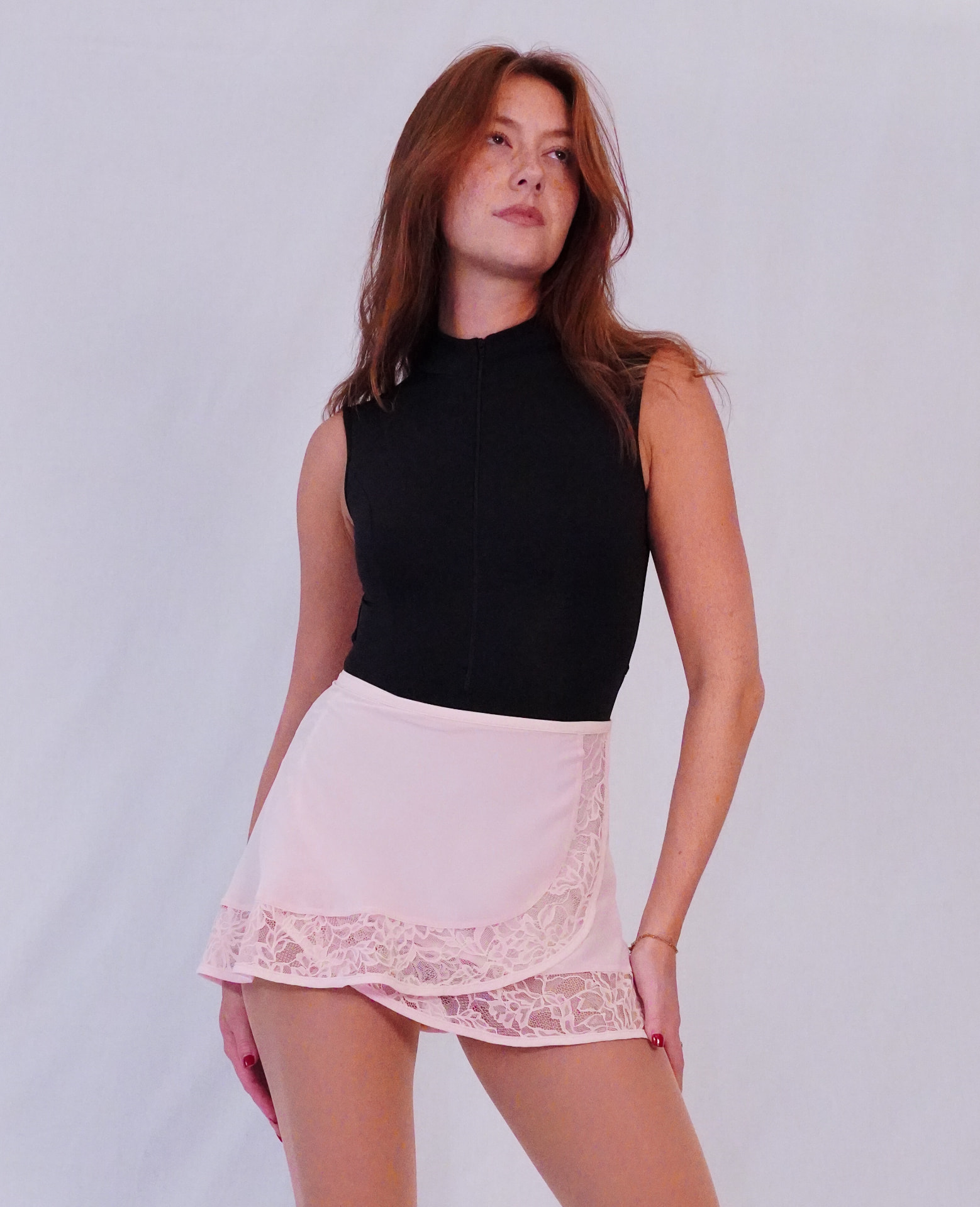 Model wearing the Pirouette ballet wrap skirt, front view